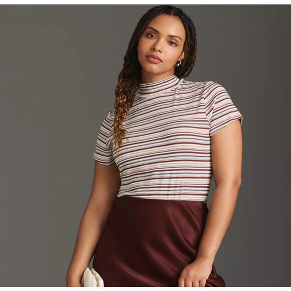 Maeve Mock Neck T-Shirt 1XL Blair Striped Ribbed Stretch Officecore Preppy Twee - Picture 1 of 7